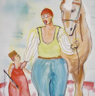 the horse, the clown and his daughter - aquarelverf en stift op canvas